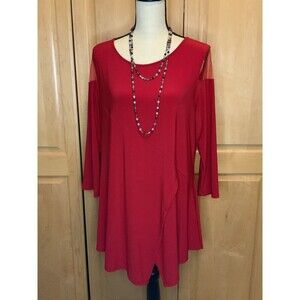 Lior Paris Women’s L Red Blouse Mesh Cold Shoulders Long Sleeve Tunic Top